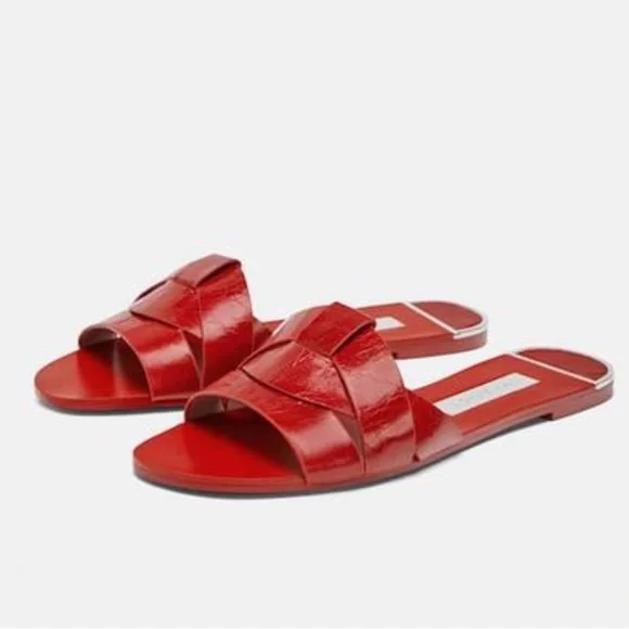 Zara Genuine Leather Red Crossover Slide Sandal Slipper Flat Shoes 37 / 6.5 NWT - Picture 1 of 13